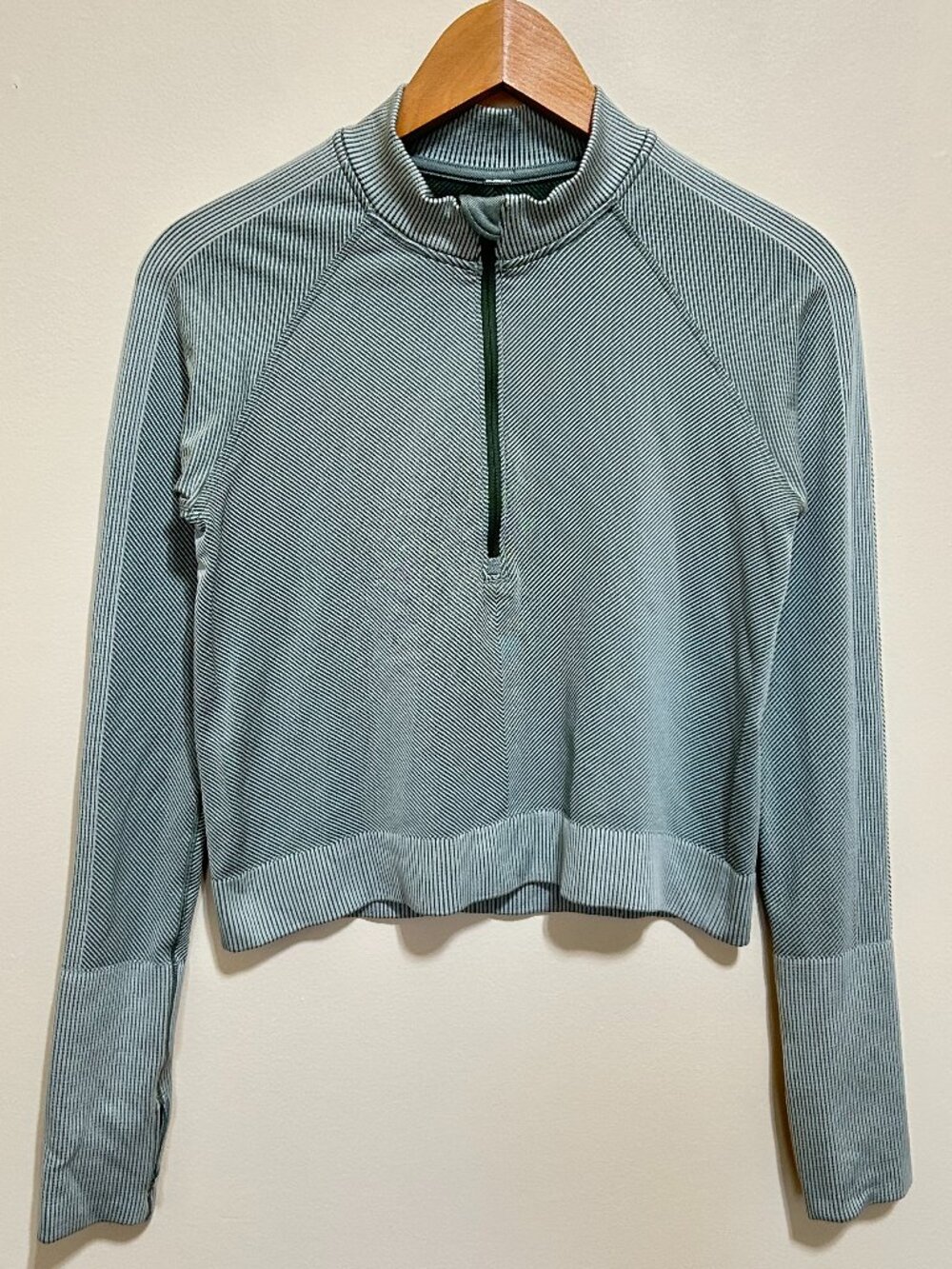 Lululemon Cropped Long Sleeve Shirt Light Mint Green and Grey Striped Size 6